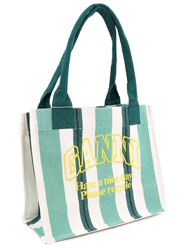 Large Striped Canvas Tote Bag Green - GANNI - BALAAN 4