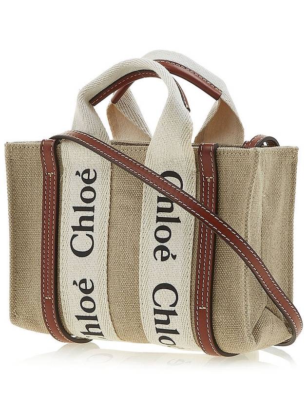 Woody Linen Canvas Calfskin Tote Bag White Brown - CHLOE - BALAAN 3