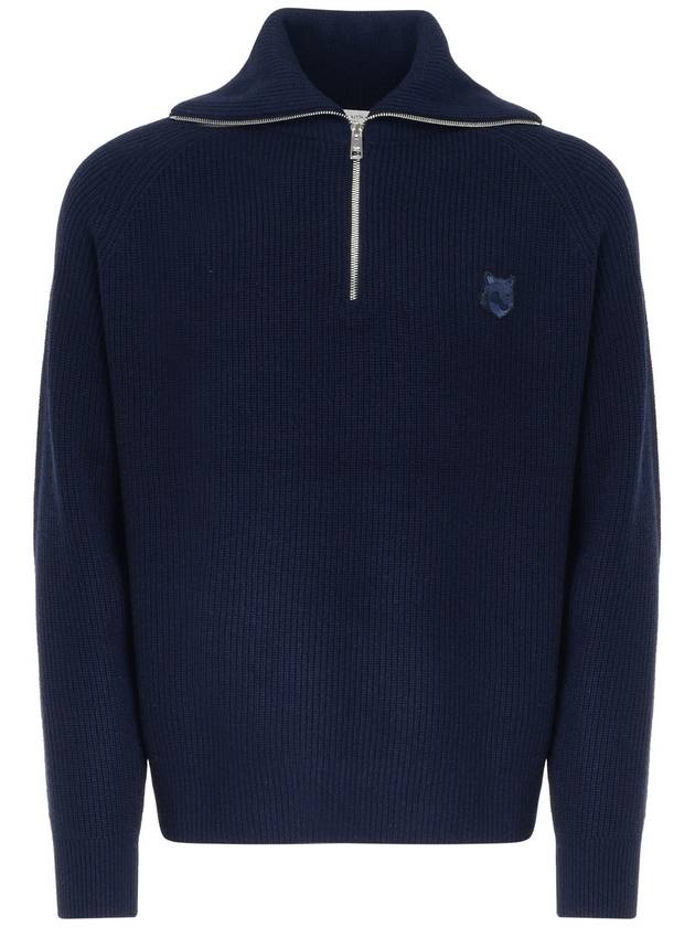 Fox Head Patch Half Zip Up Knit Top Navy - MAISON KITSUNE - BALAAN 2