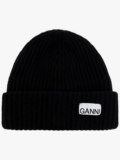 Logo Patch Knit Beanie Black - GANNI - BALAAN 2