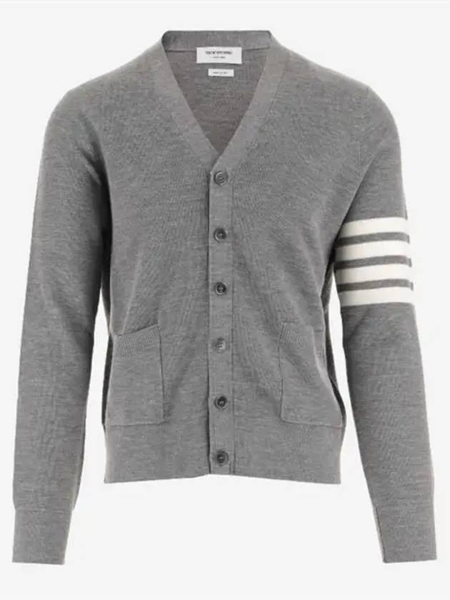 4-Bar Striped Waffle High V-Neck Cardigan Light Grey - THOM BROWNE - BALAAN 2