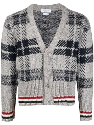 Donegal Tartan Stripe V-Neck Cardigan Medium Grey - THOM BROWNE - BALAAN 1