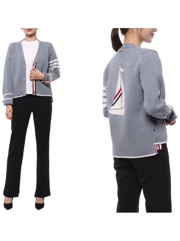 Women's Fine Merino Jersey Sailboat 4 Bar Boxy V Neck Cardigan Dark Blue - THOM BROWNE - BALAAN 3