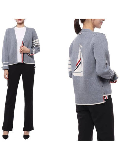 Women's Fine Merino Jersey Sailboat 4 Bar Boxy V Neck Cardigan Dark Blue - THOM BROWNE - BALAAN 2