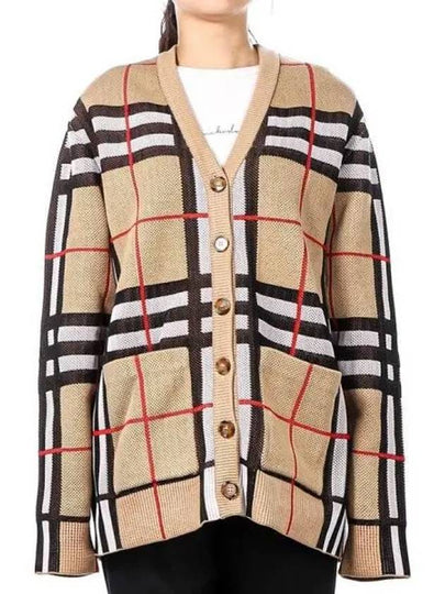 V-Neck Checked Technical Cotton Cardigan Archive Beige - BURBERRY - BALAAN 2