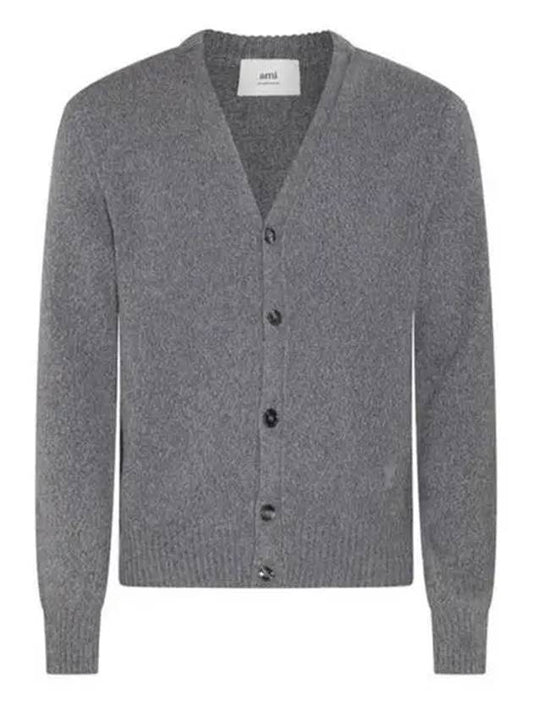 Heart Logo V Neck Cashmere Cardigan Heather Grey - AMI - BALAAN 2