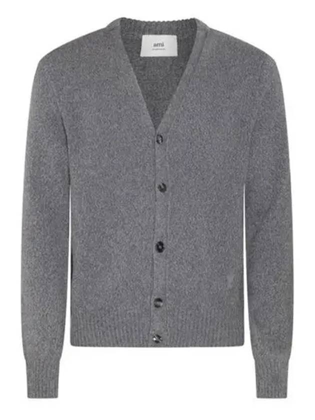 Heart Logo V Neck Cashmere Cardigan Heather Grey - AMI - BALAAN 3