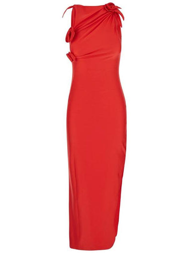 Long Red Dress With Roses Appliqué In Stretch Fabric Woman - COPERNI - BALAAN 1