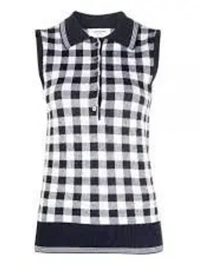 Gingham Silk Jacquard 4 Bar Polo Sleeveless Cardigan Navy - THOM BROWNE - BALAAN 2