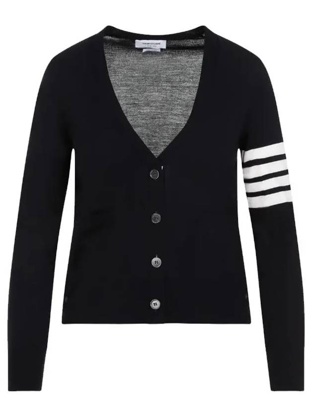 Sustainable Fine Merino Wool 4-Bar Relaxed Fit V-Neck Cardigan Navy - THOM BROWNE - BALAAN 2