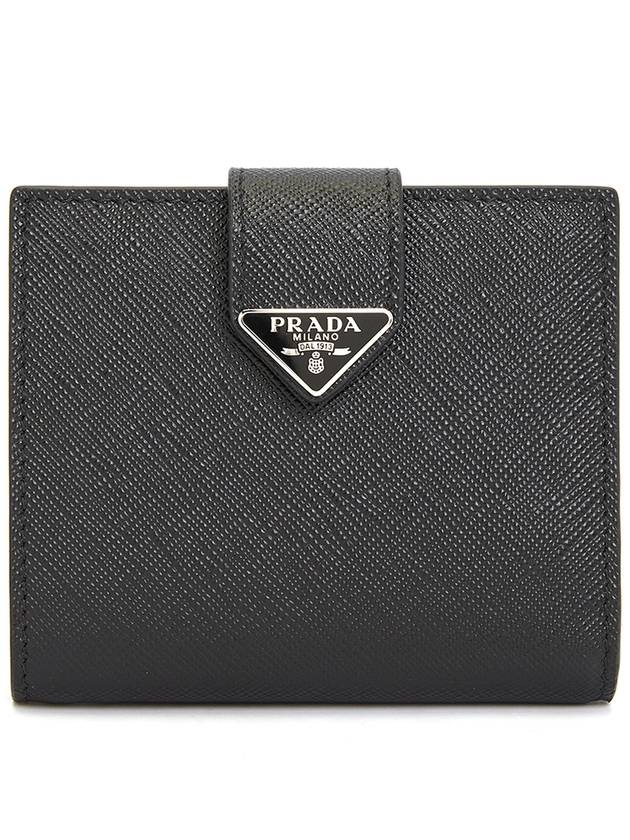 Triangle Logo Saffiano Leather Half Wallet Black - PRADA - BALAAN 9