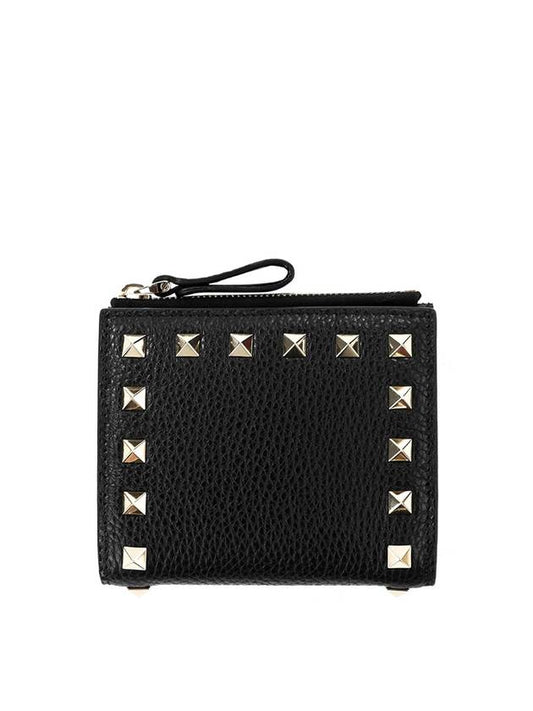 Logo Rockstud Leather Half Wallet Black - VALENTINO - BALAAN 2