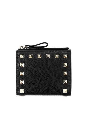 Women's Rockstud Leather Half Wallet Black - VALENTINO - BALAAN 1