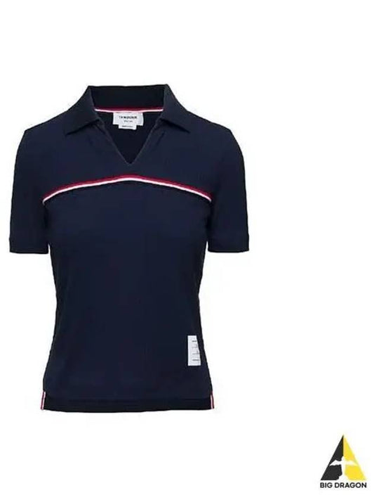 Women s Rib Polo Cotton Short Sleeve Navy White Light Gray FJP076A J0066 - THOM BROWNE - BALAAN 1