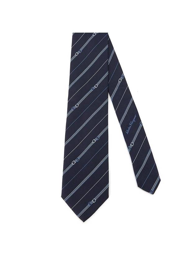 Men's Gancini Stripe Silk Tie Marine Blue - SALVATORE FERRAGAMO - BALAAN 1