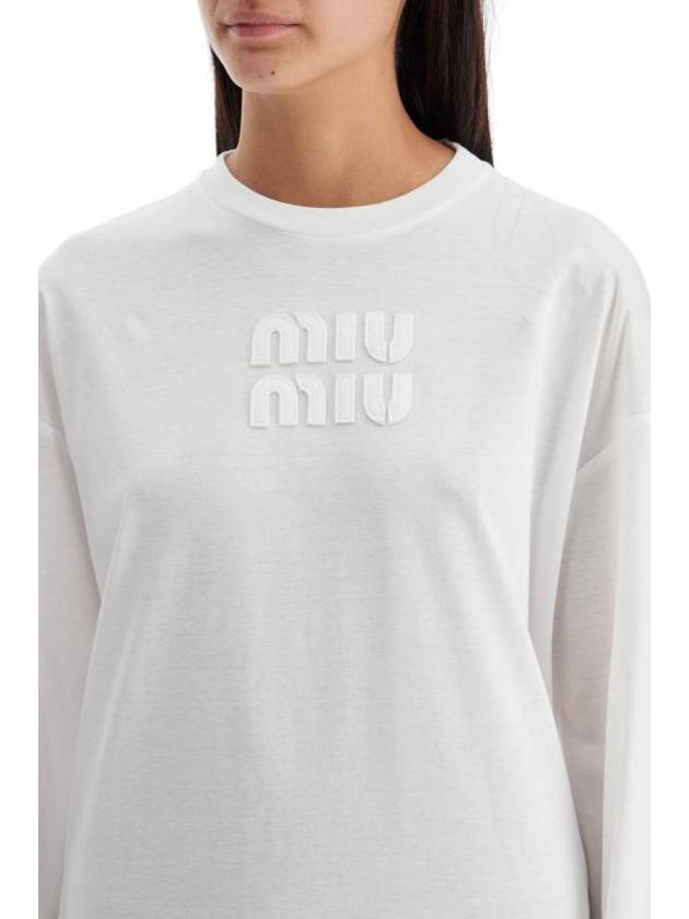 Logo Embroidered Cotton Long Sleeve T-shirt White - MIU MIU - BALAAN 5