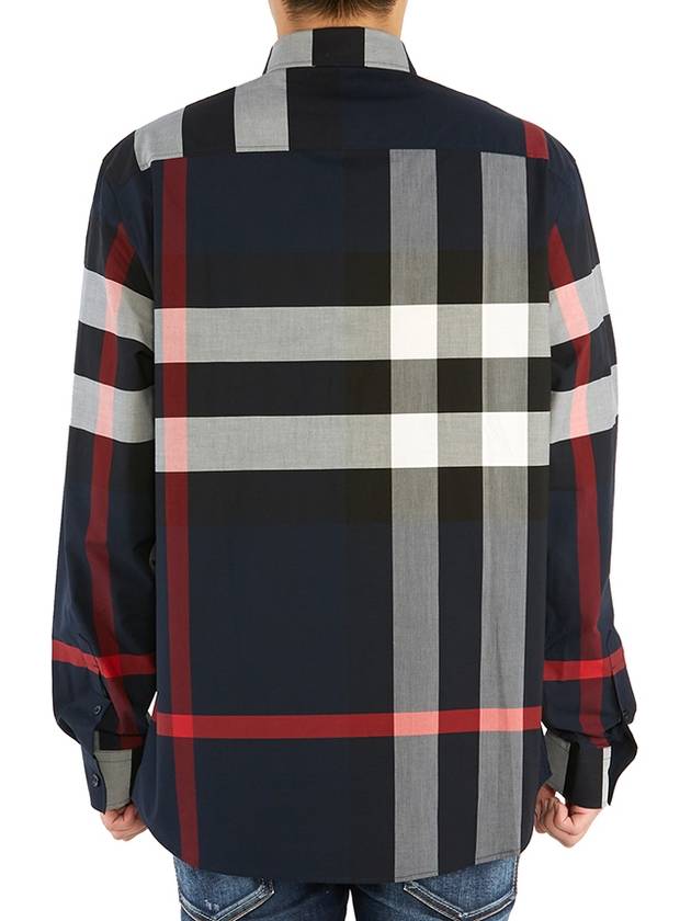 Men's Checked Stretch Cotton Poplin Long Sleeve Shirt Navy - BURBERRY - BALAAN 7