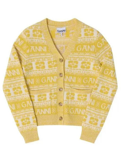 Intarsia Logo Wool V-Neck Cardigan Yellow - GANNI - BALAAN 2