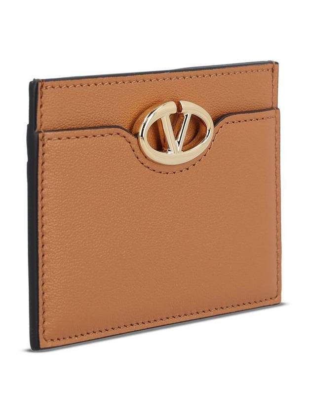 V Logo Signature Leather Card Wallet Brown - VALENTINO - BALAAN 4