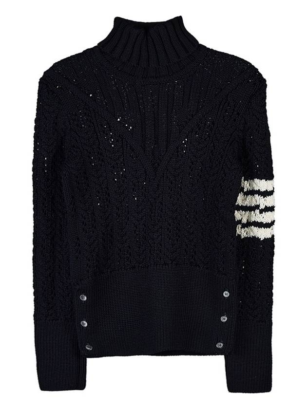 Women's Irish Pointel Cable Merino Wool 4 Bar Turtleneck Navy - THOM BROWNE - BALAAN.