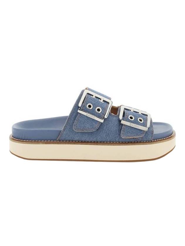 Double Buckle Strap Denim Slippers Blue - GANNI - BALAAN 1