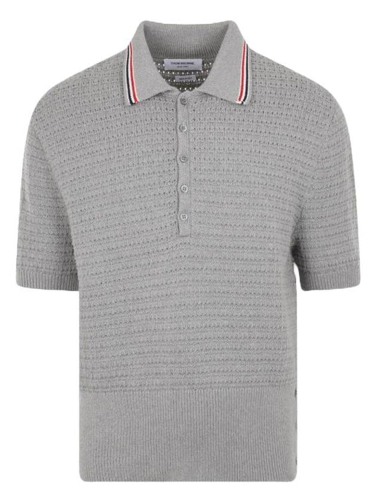 Men's RWB Trimming Knit PK Shirt Gray - THOM BROWNE - BALAAN.