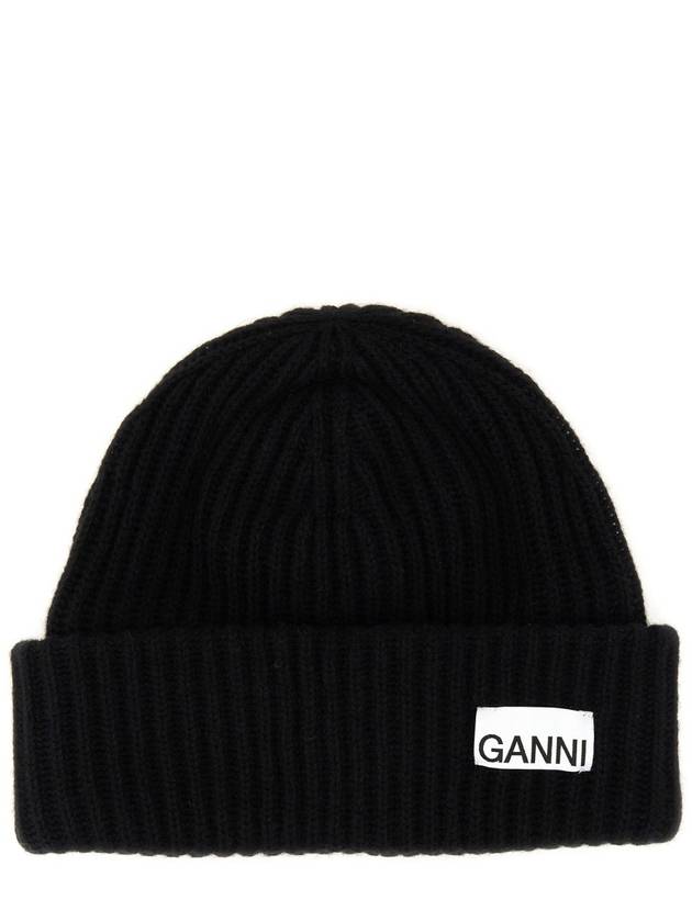 Logo Patch Knit Beanie Black - GANNI - BALAAN 3