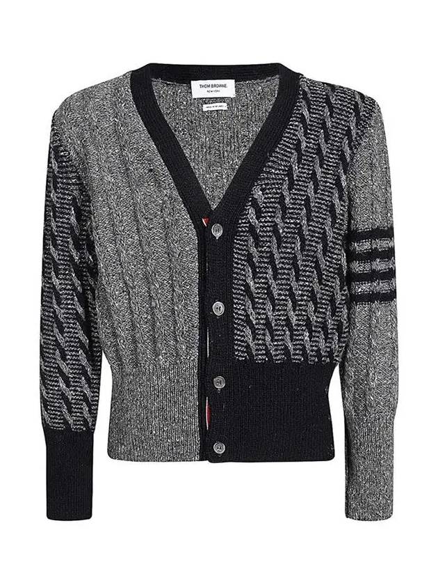 Funmix Donnyroll Cable 4 Bar V-Neck Cardigan Medium Grey - THOM BROWNE - BALAAN 3