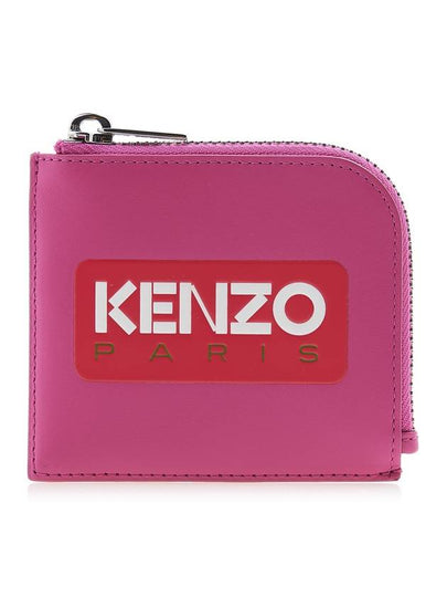 Logo Zipper Calf Leather Card Wallet Pink - KENZO - BALAAN 2