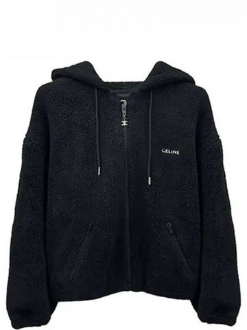 Fleece logo embroidered loose zip up hooded jacket black men s 271898 - CELINE - BALAAN 1