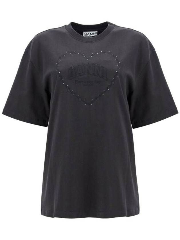 Drop Shoulder Heart Cotton Short Sleeve T-Shirt Black - GANNI - BALAAN 2