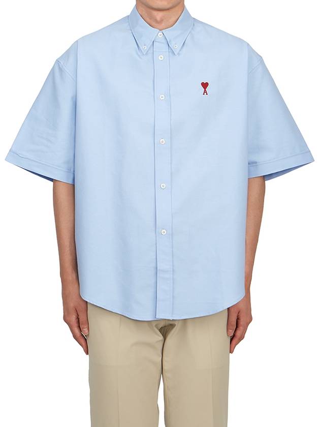 Men's Boxy Fit Embroidered Logo Short Sleeve Shirt Light Blue - AMI - BALAAN 2