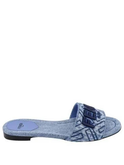 Logo Embroidered Denim Slide Slipper Blue - FENDI - BALAAN