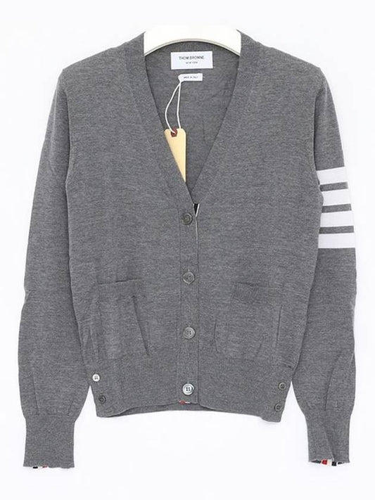 4 Bar V-Neck Merino Wool Cardigan Medium Grey - THOM BROWNE - BALAAN 2