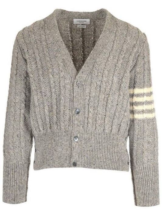 Donegal Twist Cable 4 Bar Classic V Neck Cardigan Light Grey - THOM BROWNE - BALAAN 1