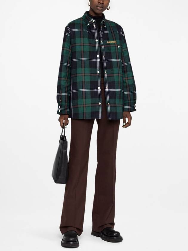 Women's Logo Embroidered Check Wool Overshirt Jacket Dark Green - BURBERRY - BALAAN 5