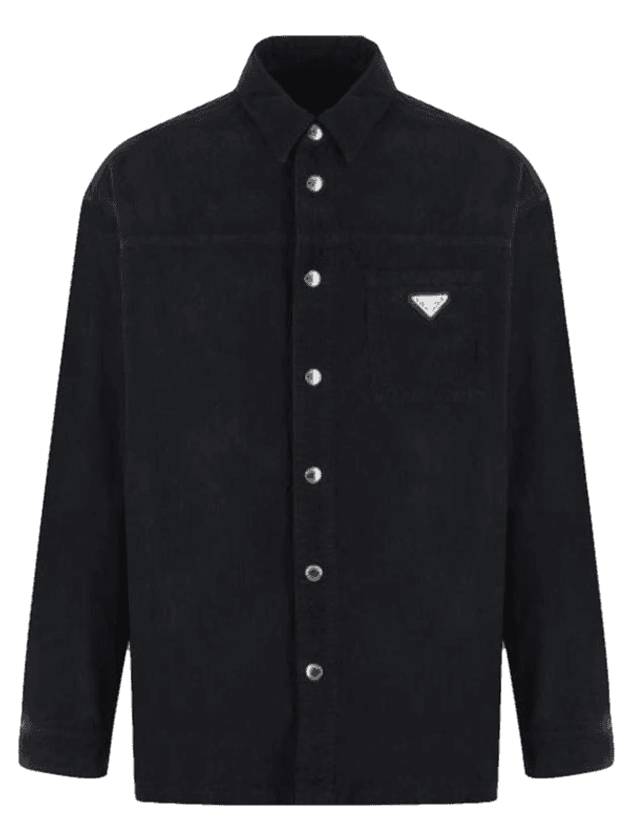 Men's Triangle Logo Corduroy Long Sleeve Shirt Navy - PRADA - BALAAN 1