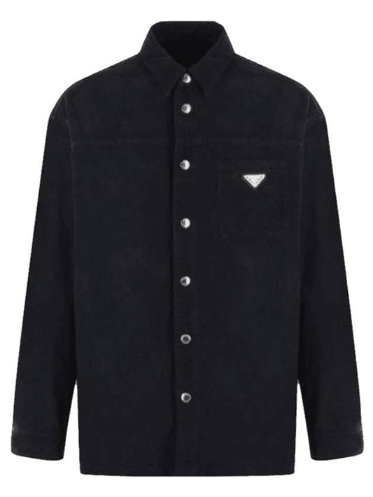 Men's Triangle Logo Corduroy Long Sleeve Shirt Navy - PRADA - BALAAN 1