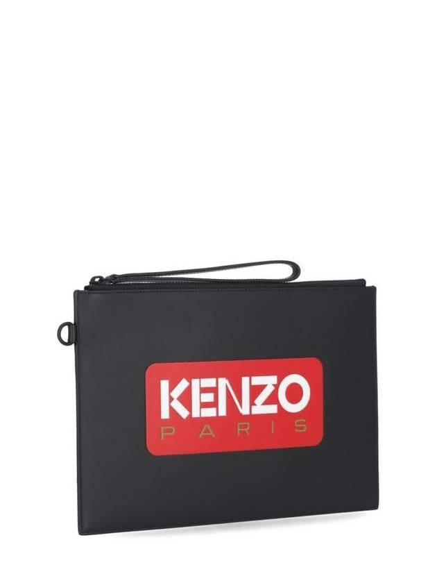 Paris Logo Large Leather Clutch Bag Black - KENZO - BALAAN 3