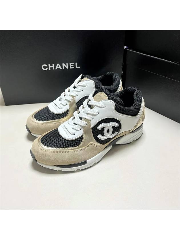 CC Logo Calfskin Fabric Low-Top Sneakers Beige Gold - CHANEL - BALAAN 5