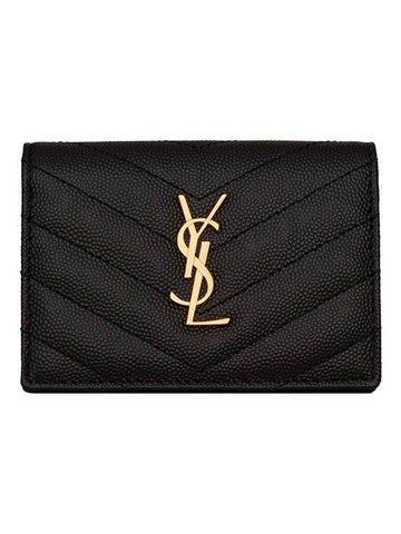 Monogram Caviar Embossed Business Card Wallet Black - SAINT LAURENT - BALAAN 1