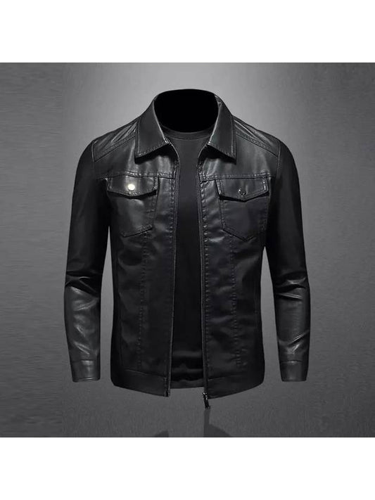 Black zip-up collar neck slim eco-leather jacket LJP122 - IKALOOOK - BALAAN 1