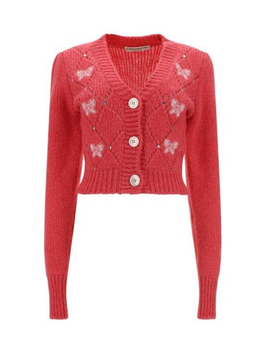 Embroidered Butterfly Pointel Alpaca Cardigan Pink - ALESSANDRA RICH - BALAAN 1