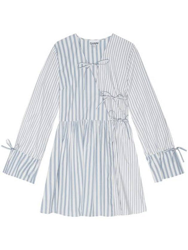 Stripe Cotton Wrapped Short Dress Clear Blue - GANNI - BALAAN 1