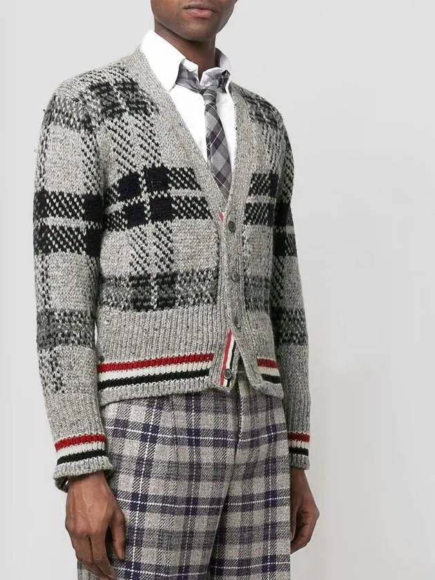 Donegal Tartan Stripe V-Neck Cardigan Medium Grey - THOM BROWNE - BALAAN 3