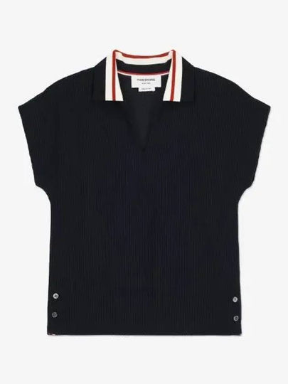 Women's Cricket Stripe Lightweight Cotton Short Sleeve Polo Shirt Navy - THOM BROWNE - BALAAN 2