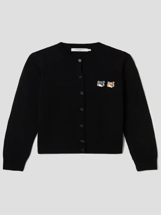 Double Fox Head Patch Round Neck Cardigan Black - MAISON KITSUNE - BALAAN 3