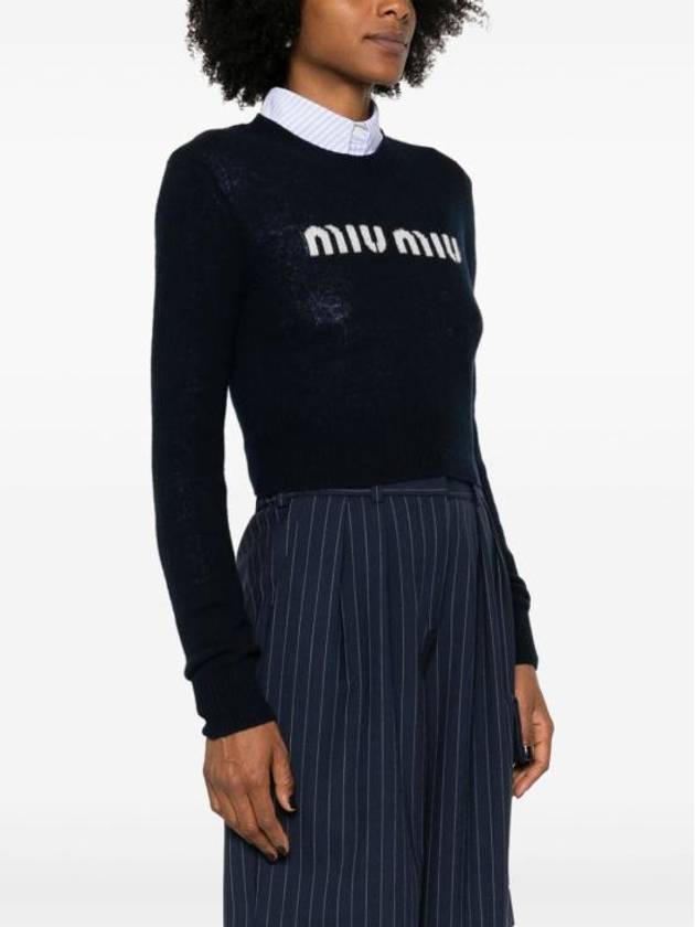 Print Logo Crop Wool Cashmere Knit Top Navy - MIU MIU - BALAAN 5