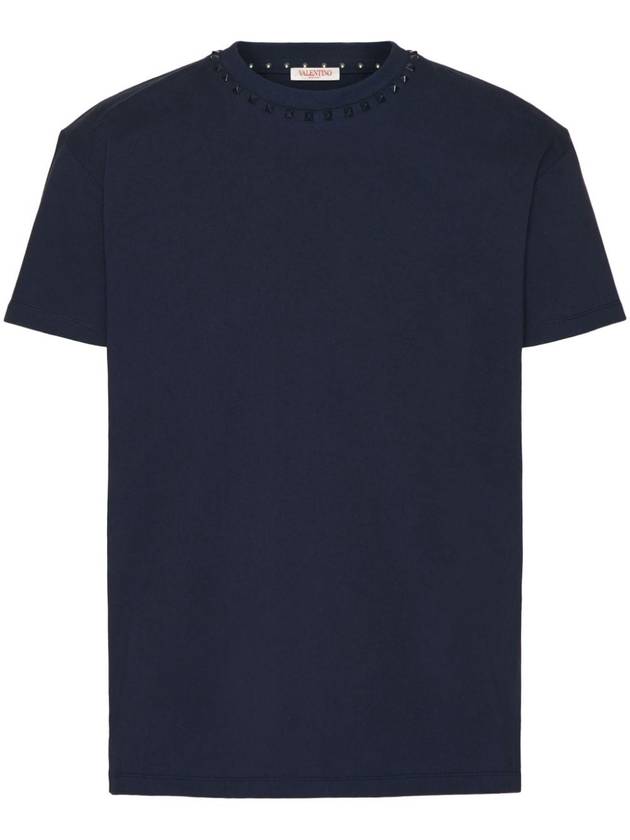 Rockstud Neckline Short Sleeve T-Shirt Navy - VALENTINO - BALAAN 1