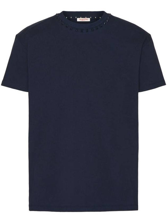 Rockstud Neckline Short Sleeve T-Shirt Navy - VALENTINO - BALAAN 1